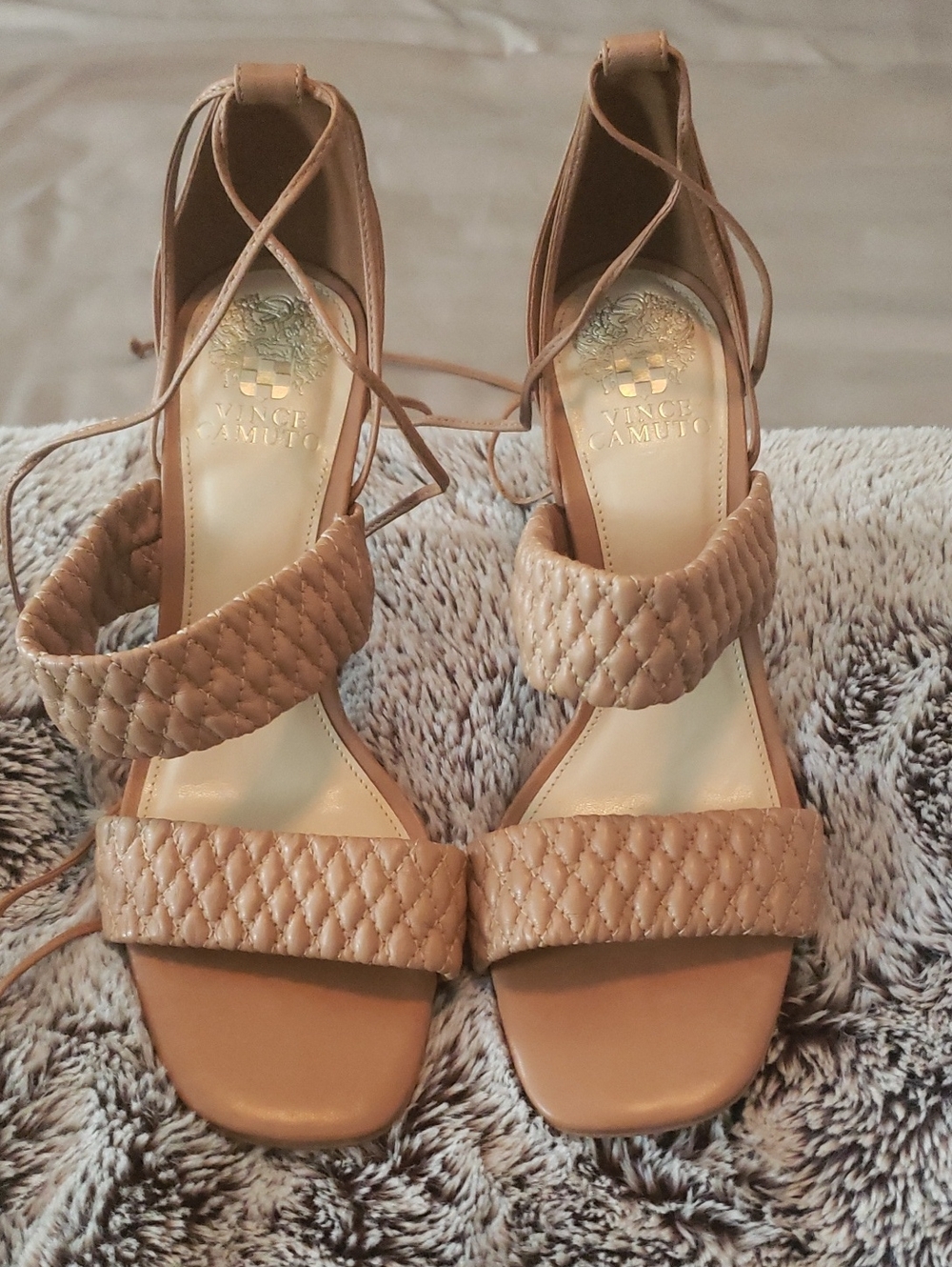 Vince Camuto Quilted Lace-Up Tan Block Heel Sandals